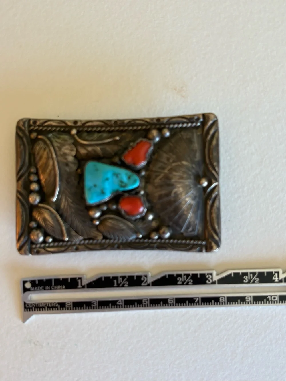 Sterling Silver Turquoise & Coral Inlay Western Belt Buckle Vintage E. Spencer